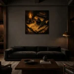 Candlelit Parchment Quill Dark Academia Wall Art Canvas Print shown in a warm modern interior
