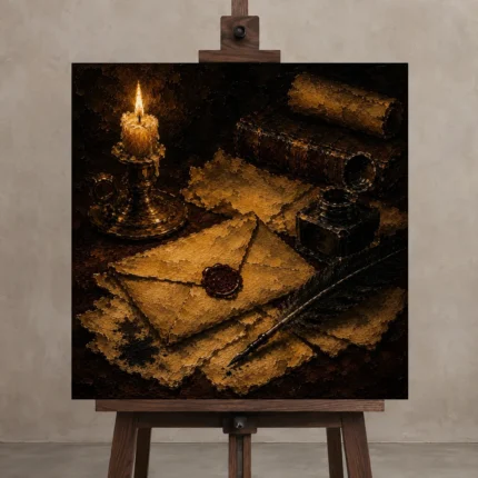 Sealed Envelope Quill Dark Academia Wall Art Canvas Print displayed on a studio easel