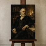 Candlelit Scholar Classical Portrait Wall Art Canvas Print displayed on a studio easel