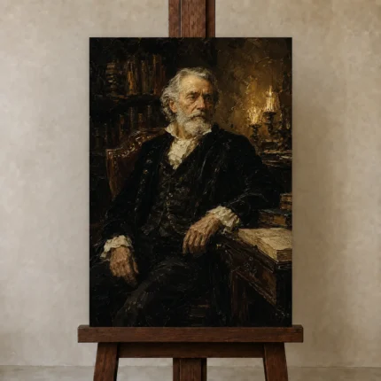 Candlelit Scholar Classical Portrait Wall Art Canvas Print shown in Studio Easel