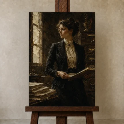 Windowlit Archivist Classical Portrait Wall Art Canvas Print shown in Studio Easel