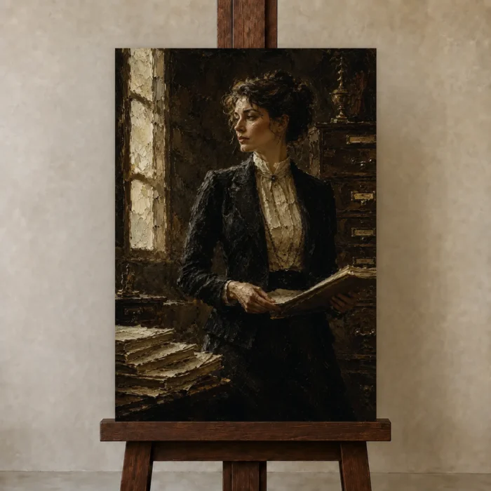 Windowlit Archivist Classical Portrait Wall Art Canvas Print displayed on a studio easel