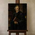 Bookbound Professor Classical Portrait Wall Art Canvas Print displayed on a studio easel