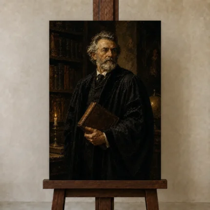 Bookbound Professor Classical Portrait Wall Art Canvas Print shown in Studio Easel