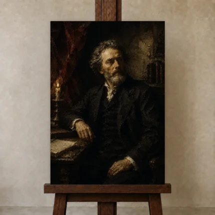 Candlelit Scholar’s Desk Classical Portrait Wall Art Canvas Print shown in Studio Easel