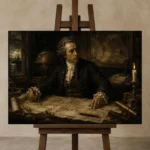 Candlelit Cartographer Classical Portrait Wall Art Canvas Print displayed on a studio easel