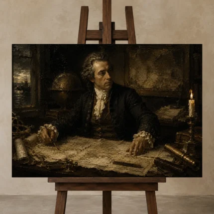 Candlelit Cartographer Classical Portrait Wall Art Canvas Print shown in Studio Easel