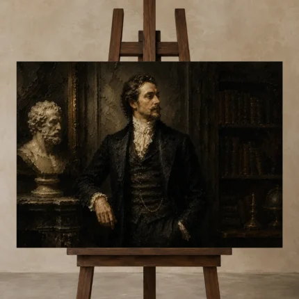 Library Gentleman Classical Portrait Wall Art Canvas Print displayed on a studio easel