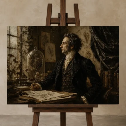 Windowlit Botanist Classical Portrait Wall Art Canvas Print displayed on a studio easel
