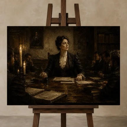 Candlelit Council Chair Classical Portrait Wall Art Canvas Print shown in Studio Easel