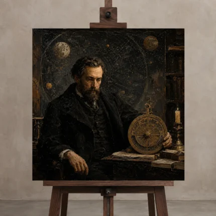 Celestial Astronomer Classical Portrait Wall Art Canvas Print shown in Studio Easel