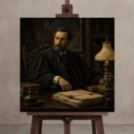 Lamplit Advocate Classical Portrait Wall Art Canvas Print displayed on a studio easel
