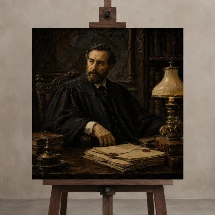 Lamplit Advocate Classical Portrait Wall Art Canvas Print displayed on a studio easel