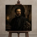 Candlelit Gothic Scholar Classical Portrait Wall Art Canvas Print displayed on a studio easel
