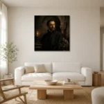 Candlelit Gothic Scholar Classical Portrait Wall Art Canvas Print styled in a refined neutral interior