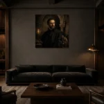 Candlelit Gothic Scholar Classical Portrait Wall Art Canvas Print shown in a warm modern interior