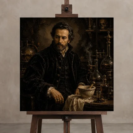 Apothecary Scholar Classical Portrait Wall Art Canvas Print shown in Studio Easel