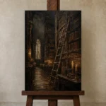 Candlelit Library Dark Academia Wall Art Canvas Print displayed on a studio easel