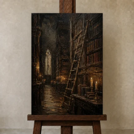 Candlelit Library Dark Academia Wall Art Canvas Print shown in Studio Easel
