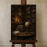 Antique Globe Library Dark Academia Wall Art Canvas Print displayed on a studio easel