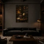 Antique Globe Library Dark Academia Wall Art Canvas Print shown in a warm modern interior