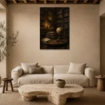 Antique Globe Library Dark Academia Wall Art Canvas Print presented in a sophisticated home setting