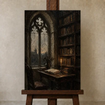 Gothic Window Library Dark Academia Wall Art Canvas Print shown in Studio Easel