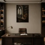 Gothic Window Library Dark Academia Wall Art Canvas Print displayed in a contemporary gallery-inspired room