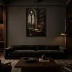 Gothic Window Library Dark Academia Wall Art Canvas Print shown in a warm modern interior