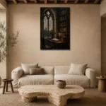 Gothic Window Library Dark Academia Wall Art Canvas Print presented in a sophisticated home setting