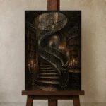 Spiral Staircase Library Dark Academia Wall Art Canvas Print displayed on a studio easel