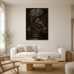 Spiral Staircase Library Dark Academia Wall Art Canvas Print styled in a refined neutral interior