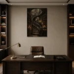 Spiral Staircase Library Dark Academia Wall Art Canvas Print displayed in a contemporary gallery-inspired room