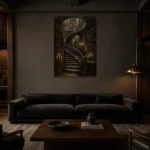 Spiral Staircase Library Dark Academia Wall Art Canvas Print shown in a warm modern interior