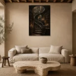 Spiral Staircase Library Dark Academia Wall Art Canvas Print presented in a sophisticated home setting