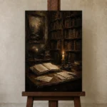 Candlelit Writing Desk Dark Academia Wall Art Canvas Print displayed on a studio easel