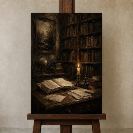 Candlelit Writing Desk Dark Academia Wall Art Canvas Print shown in Studio Easel