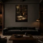 Candlelit Writing Desk Dark Academia Wall Art Canvas Print shown in a warm modern interior