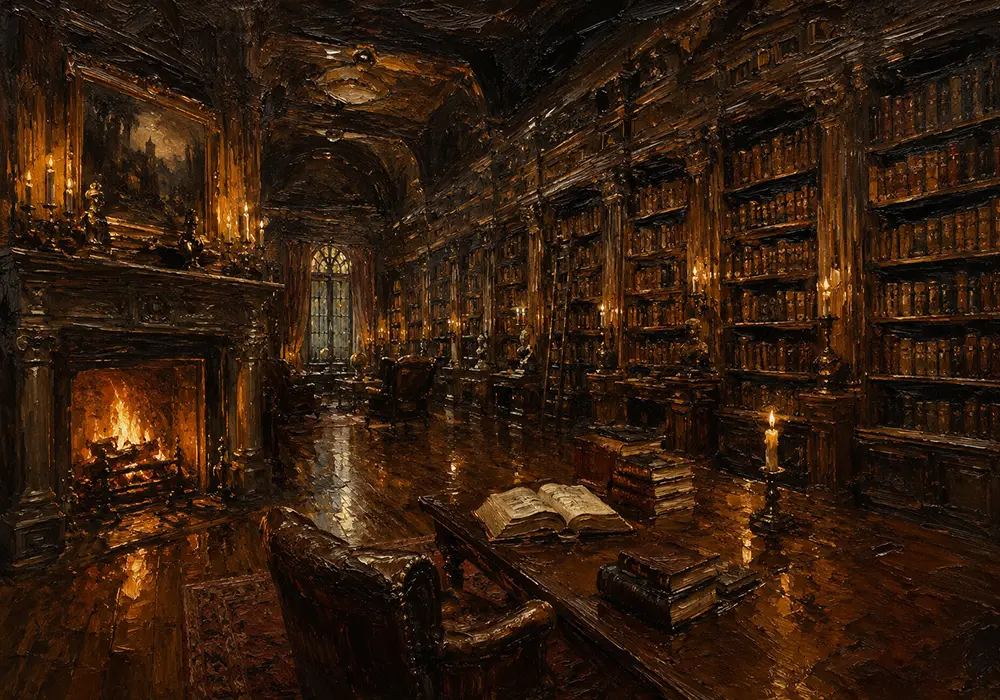 Grand Fireplace Library Dark Academia Wall Art Canvas Print