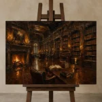 Grand Fireplace Library Dark Academia Wall Art Canvas Print displayed on a studio easel