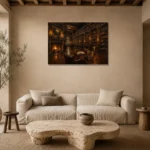 Grand Fireplace Library Dark Academia Wall Art Canvas Print presented in a sophisticated home setting