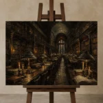 Grand Reading Hall Dark Academia Wall Art Canvas Print displayed on a studio easel