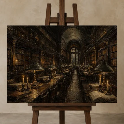 Grand Reading Hall Dark Academia Wall Art Canvas Print shown in Studio Easel