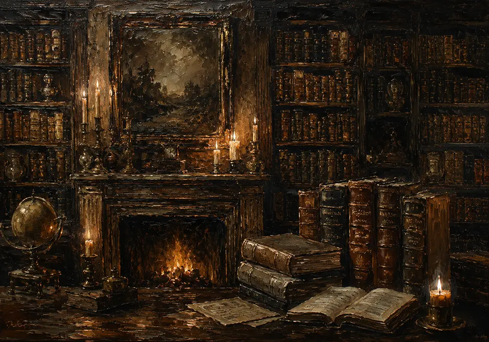 Fireplace Mantel Library Dark Academia Wall Art Canvas Print