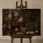 Fireplace Mantel Library Dark Academia Wall Art Canvas Print displayed on a studio easel