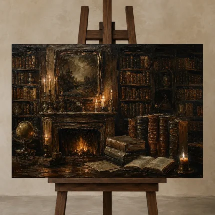 Fireplace Mantel Library Dark Academia Wall Art Canvas Print shown in Studio Easel