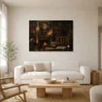 Fireplace Mantel Library Dark Academia Wall Art Canvas Print styled in a refined neutral interior