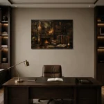 Fireplace Mantel Library Dark Academia Wall Art Canvas Print displayed in a contemporary gallery-inspired room