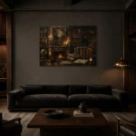 Fireplace Mantel Library Dark Academia Wall Art Canvas Print shown in a warm modern interior