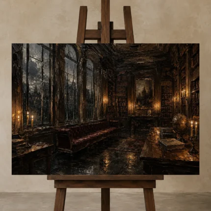Arched Window Library Dark Academia Wall Art Canvas Print shown in Studio Easel